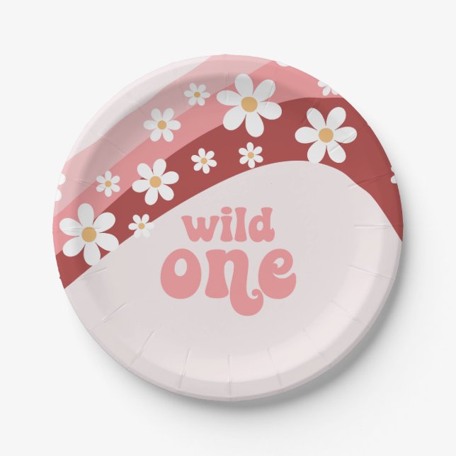 Retro wild one daisy boho floral first birthday pa paper plate (Front)