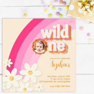 Retro Wild One Daisy Pink Photo Invitation   Boho 