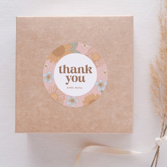 Retro Wildflower Birthday Party Thank You Classic Round Sticker (Creator Uploaded)