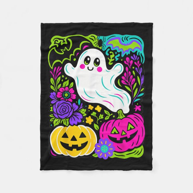 Retro Wildflower Boho Ghost Floral Halloween Cute  Fleece Blanket (Front)