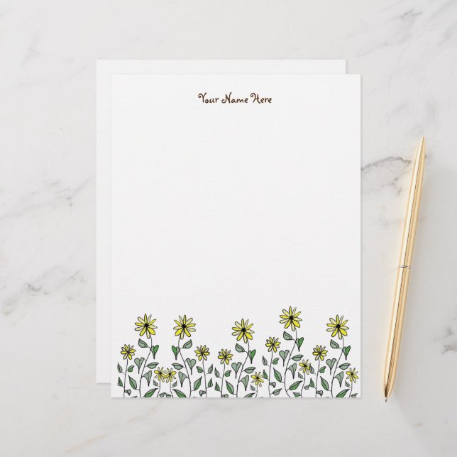 Retro Wildflower Doodle Personalised Original Art Custom Letterhead (Front/Back In Situ)