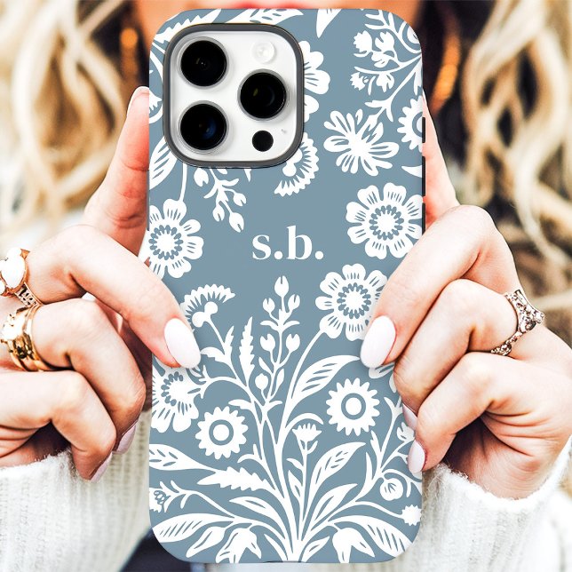 Retro Wildflower Dusty Blue Floral Monogram Case-Mate iPhone Case (Creator Uploaded)