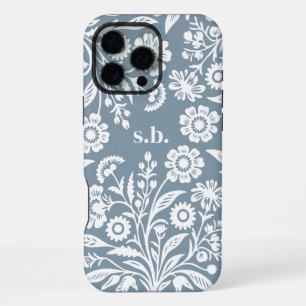 Retro Wildflower Dusty Blue Floral Monogram iPhone 16 Pro Max Case