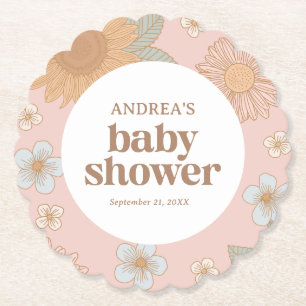 Retro Wildflower Girl Baby Shower Paper Coaster
