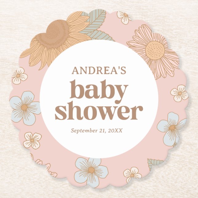 Retro Wildflower Girl Baby Shower Paper Coaster (Front)
