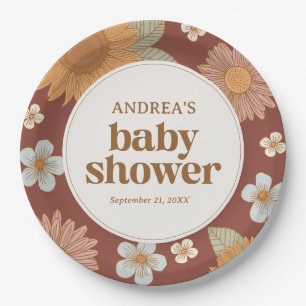 Retro Wildflower Girl Baby Shower Paper Plate