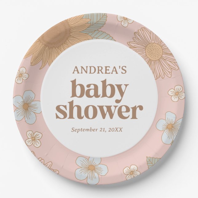 Retro Wildflower Girl Baby Shower Paper Plate (Front)