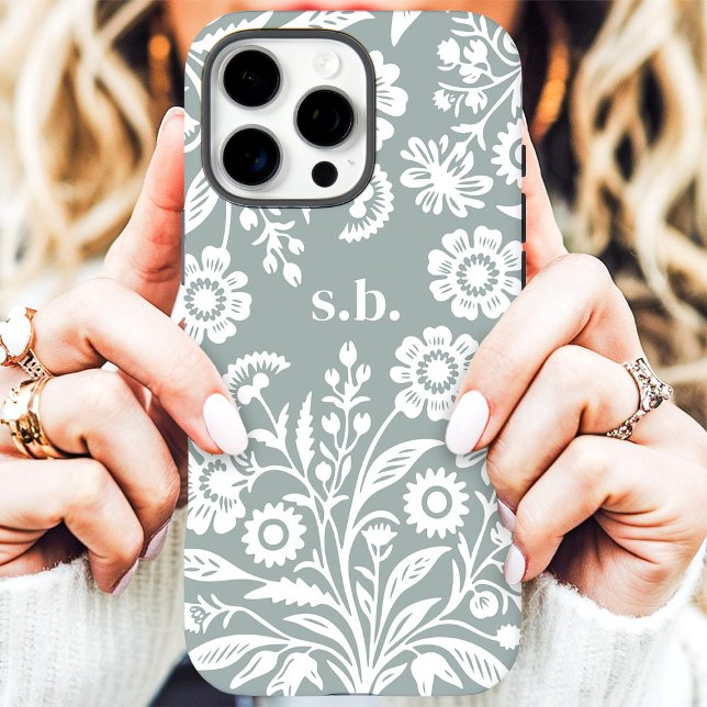 Retro Wildflower Sage Green Floral Monogram Case-Mate iPhone Case (Creator Uploaded)