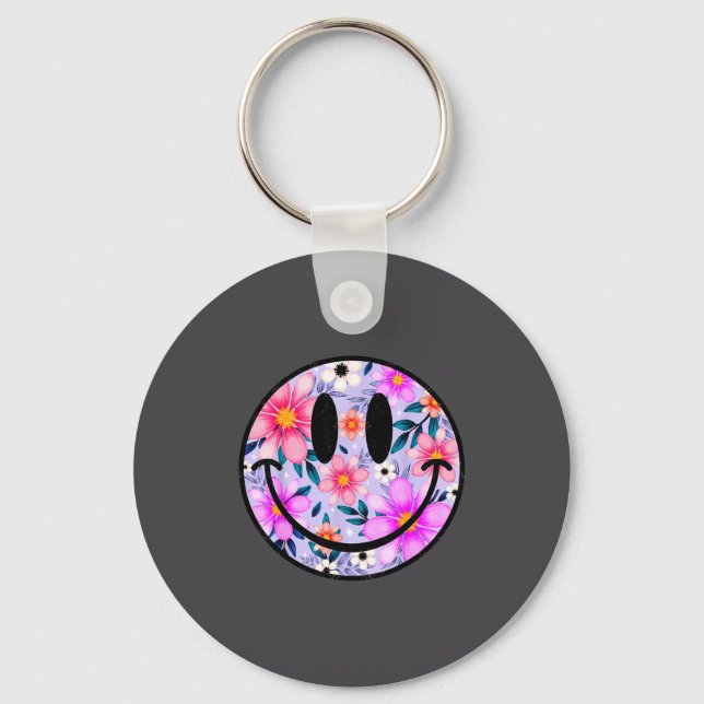 Retro Wildflower Smile Face Floral Lover Happy Fac Key Ring (Front)