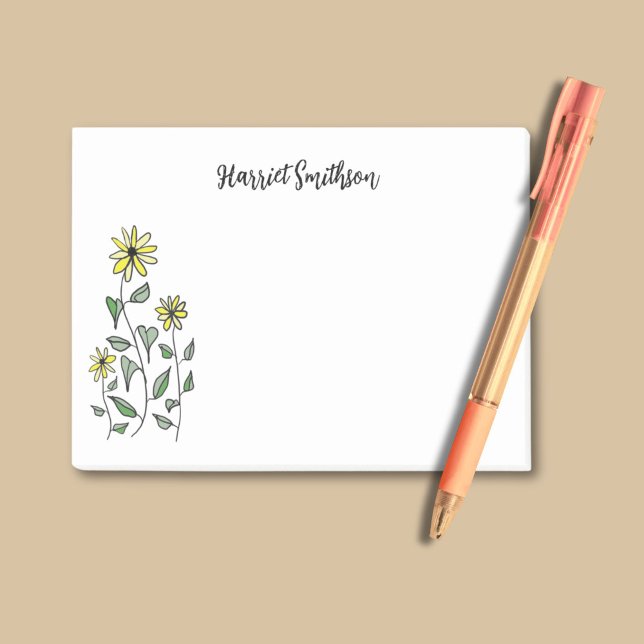 Retro Wildflowers Personalised Daisy Art Fun Boho Post-it Notes (This Post-It Notes pad features whimsical hand-drawn daisies, with personalization in chic script.)