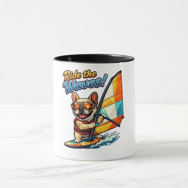 Retro Windsurfing Frenchie Ride the Waves Mug (Center)