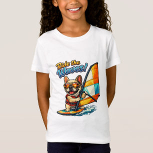 Retro Windsurfing Frenchie Ride the Waves T-Shirt