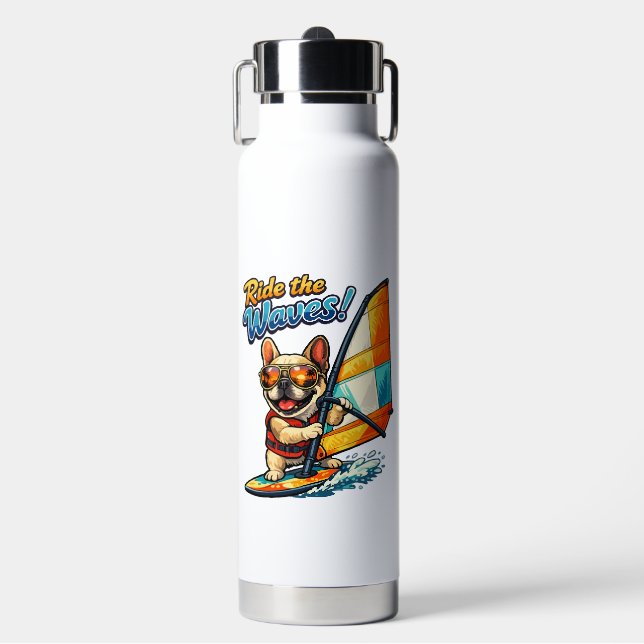 Retro Windsurfing Frenchie Ride the Waves Water Bottle (Front)