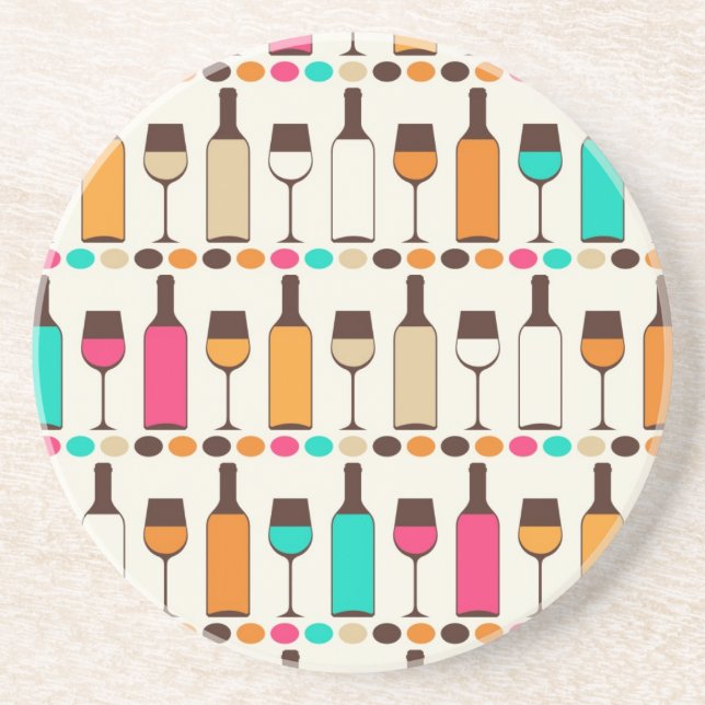 Retro wine bottles and glasses coaster (Front)
