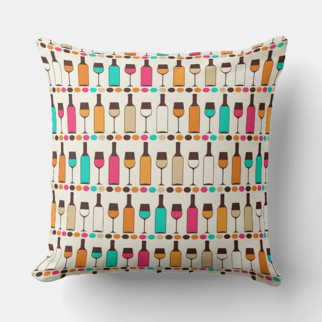 Retro wine bottles and glasses cushion (Front)