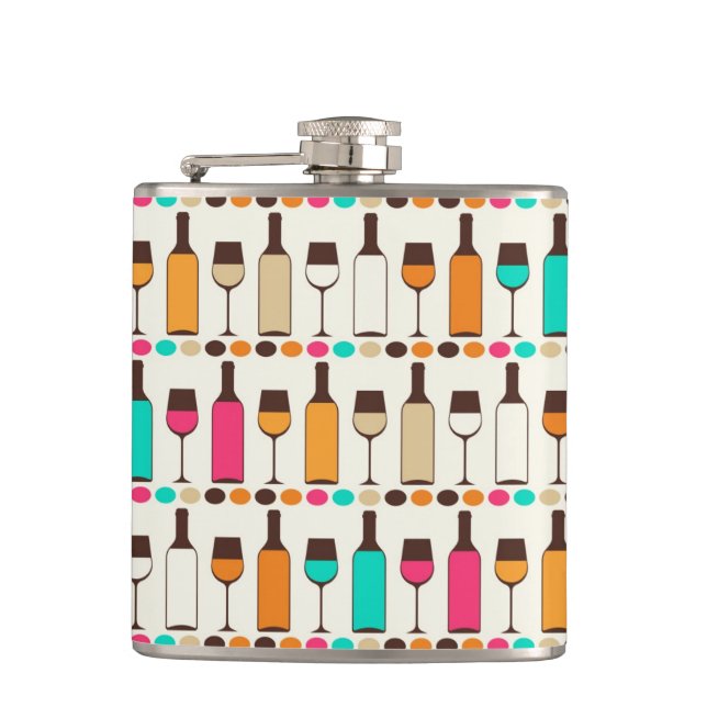 Retro wine bottles and glasses hip flask (Front)