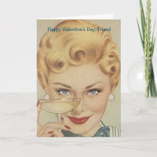 Retro - Wine, Food & Friends on Valentine's Day, Holiday Card (Front)