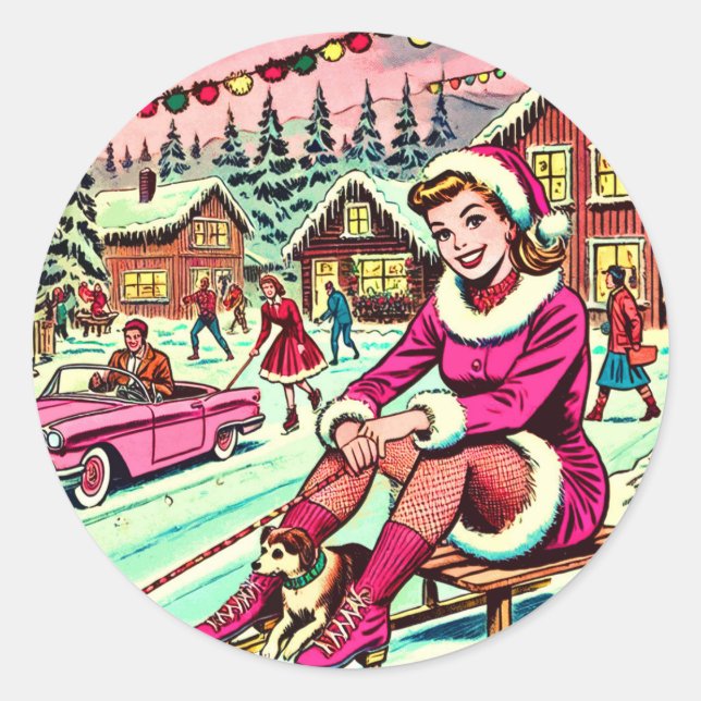 Retro Winter Christmas Comics Classic Round Sticker (Front)