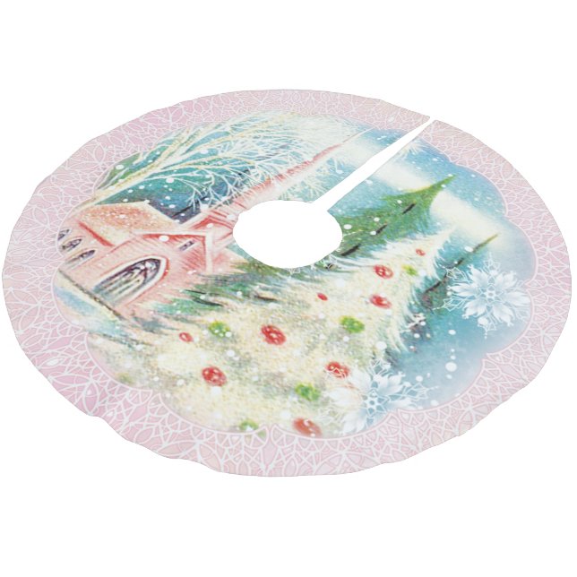 Retro Winter Church Christmas Holiday Tree Skirt (Angled)