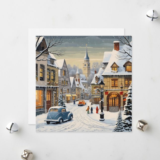 Retro Winter Cityscape Holiday Card (Front/Back In Situ)