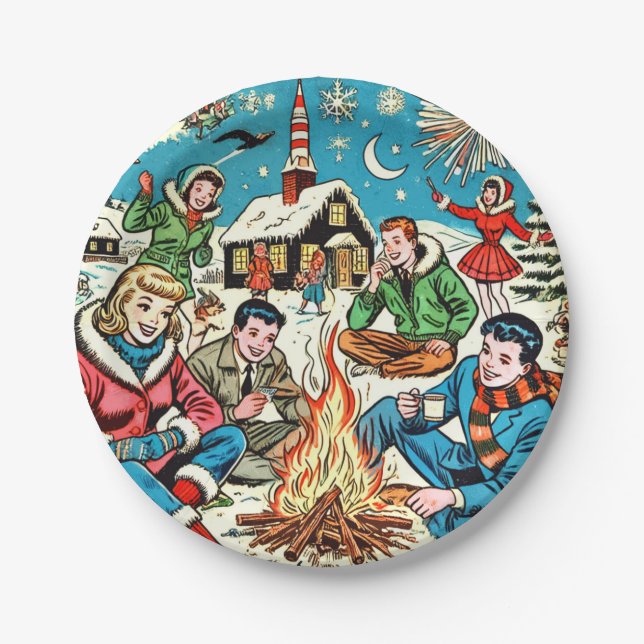Retro Winter Comics Paper Plate (Front)