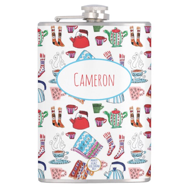 Retro Winter Hand-Illustrated Outdoor Hiking Hip Flask (Front)