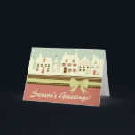 Retro Winter Holiday House Scene Christmas Card<br><div class="desc">Retro Winter Holiday Neighbourhood House Scene Christmas Greeting Card with a snowman on the inside and back.  Front greeting ~ Season's Greetings,  Inside greeting ~ Happy Holidays from Our House to Yours!  You can edit and personalised both greetings. 
 Some Graphics Copyright by GraphicMarket</div>