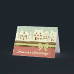 Retro Winter Holiday House Scene Christmas Card<br><div class="desc">Retro Winter Holiday Neighbourhood House Scene Christmas Greeting Card with a snowman on the inside and back.  Front greeting ~ Season's Greetings,  Inside greeting ~ Happy Holidays from Our House to Yours!  You can edit and personalised both greetings. 
 Some Graphics Copyright by GraphicMarket</div>