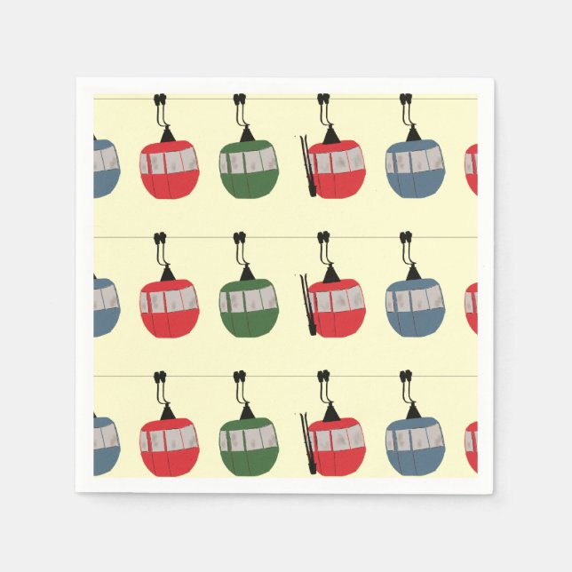 Retro Winter Ski Gondola Lift Skiers Cream Napkin (Front)