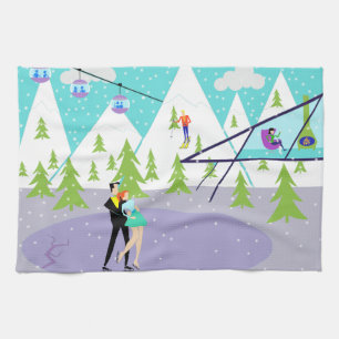 Retro Winter Ski Resort Kitchen Towel