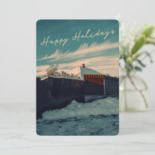 Retro Winter Snow Landscape Teal Sky Holiday Card