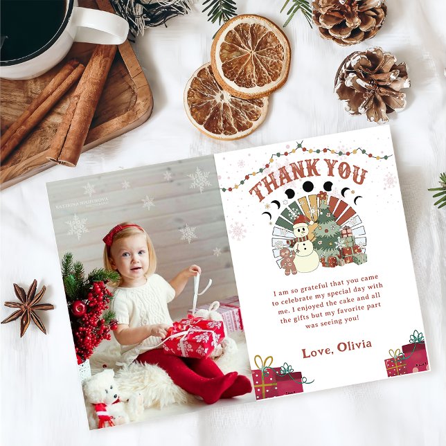 Retro Winter Snowman Christmas Tree Birthday Photo Thank You Card (Creator Uploaded)