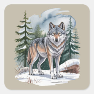 Retro Winter Wolf Watercolor 90's Wilderness Natur Square Sticker