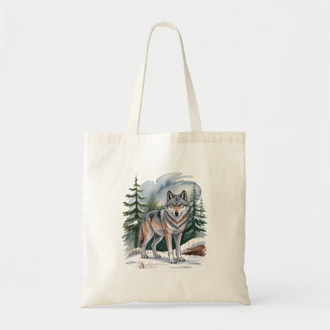 Retro Winter Wolf Watercolor 90's Wilderness Natur Tote Bag (Front)