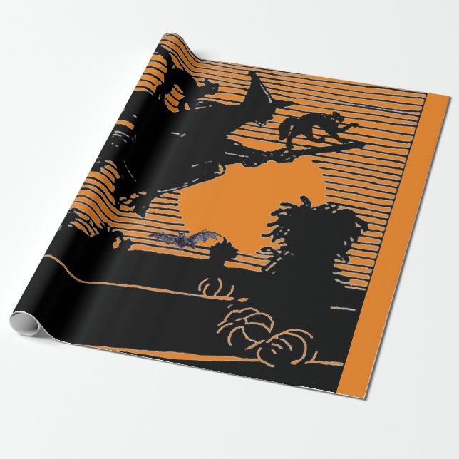 RETRO WITCH ON A BROOM HALLOWEEN Wrapping Paper (Unrolled)