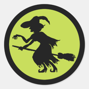 Retro Witch on Broom Silhouette Classic Round Sticker