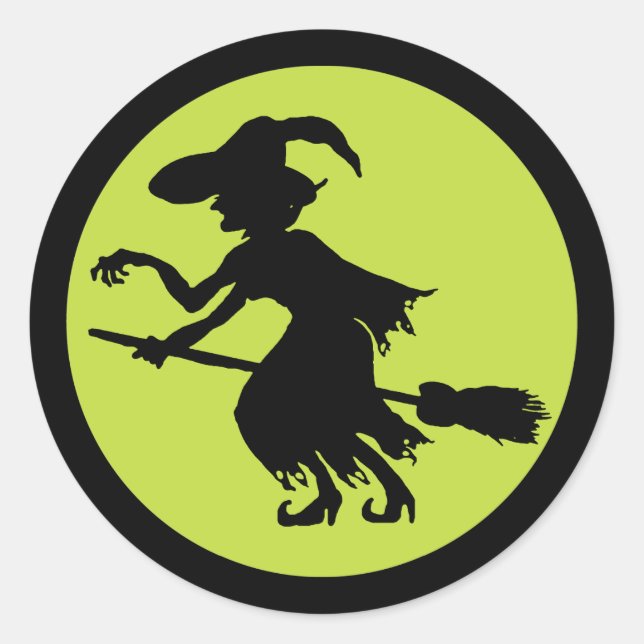 Retro Witch on Broom Silhouette Classic Round Sticker (Front)