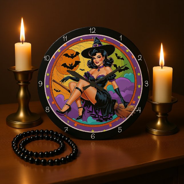 Retro Witch Orange Moon Large Clock (Creator Uploaded)
