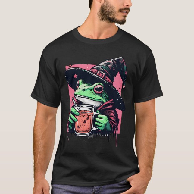 Retro Witchy Frog Drink Tea T-Shirt (Front)