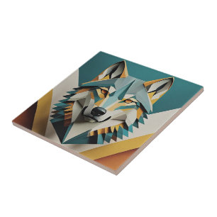 Retro wolf cool geometric style Blue mustard Tile