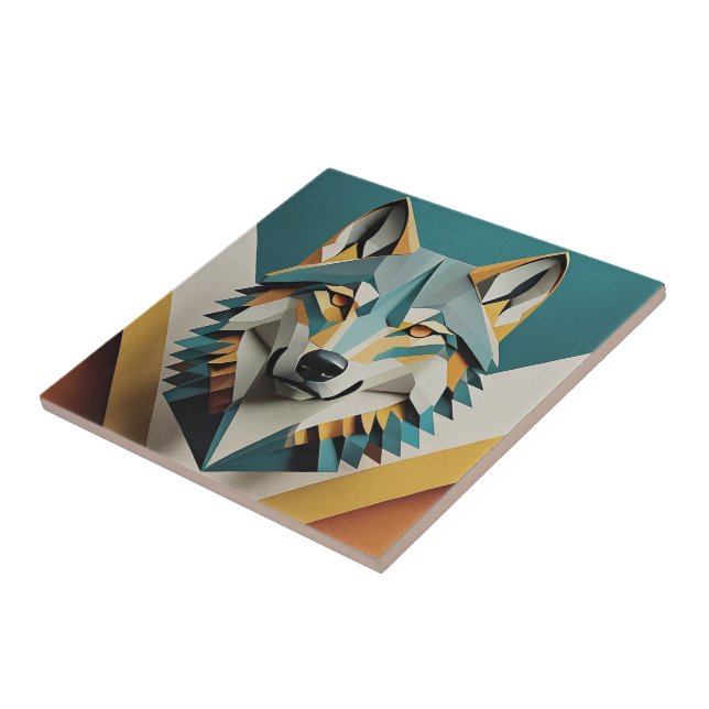 Retro wolf cool geometric style Blue mustard  Tile (Side)