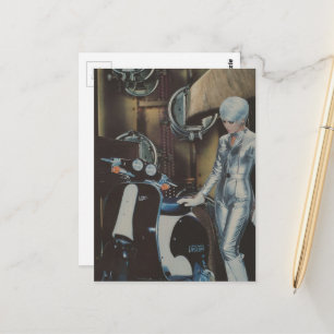 Retro Woman and a Scooter Collage Postcard