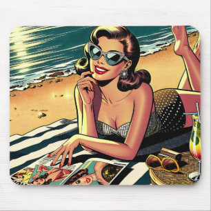 Retro Woman at Beach reading a Fashion Magazine Mouse Mat
