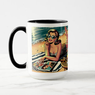 Retro Woman at Beach reading a Fashion Magazine Mug
