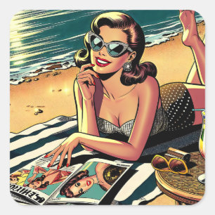Retro Woman at Beach reading a Fashion Magazine Square Sticker