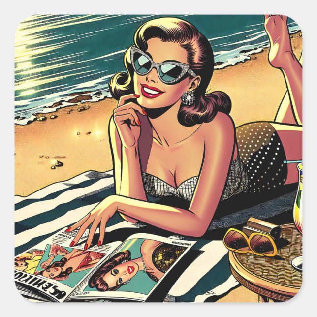 Retro Woman at Beach reading a Fashion Magazine Square Sticker (Front)