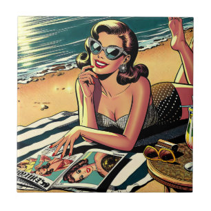 Retro Woman at Beach reading a Fashion Magazine Tile