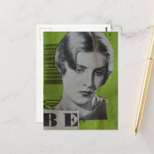 Retro Woman Be on Green Mixed Media Collage Postcard