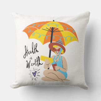 Retro Woman Beach Vacation & Health is Wealth Cushion