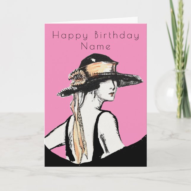 Retro Woman Black Hat Art Deco Pink Birthday Card (Front)